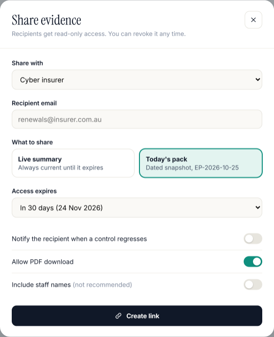 The share dialog: choose the recipient, a live summary or a dated pack, and when access expires.