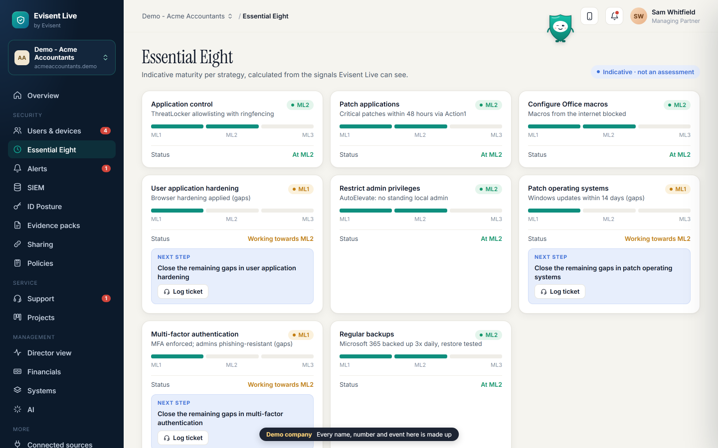 Evisent Live Essential Eight screen for a demo practice: indicative maturity for each of the eight strategies, with next steps where a strategy is working towards the next level.