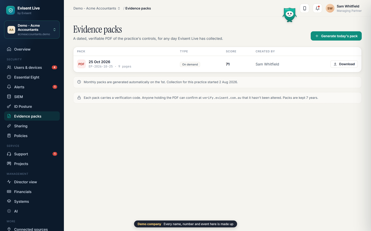 Evisent Live evidence packs screen for a demo practice: a dated PDF pack with its score, monthly packs generated automatically, and a verification code note.