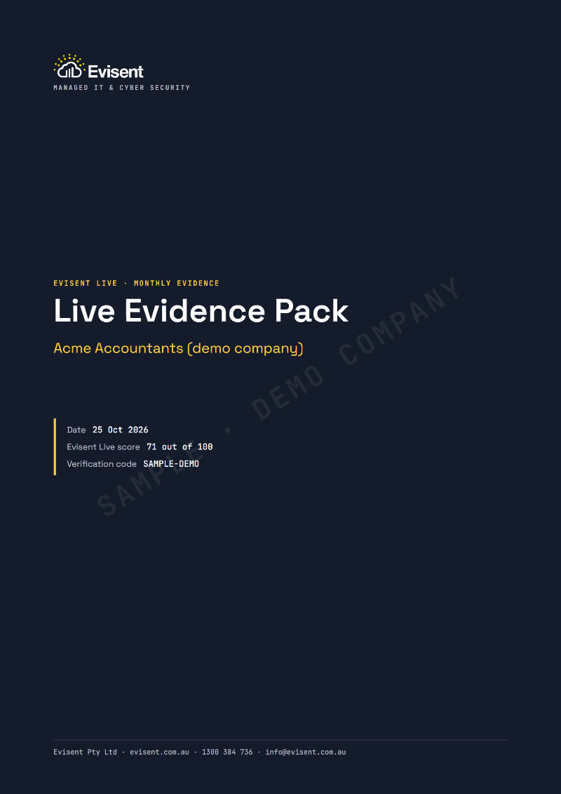Cover of the sample Live Evidence Pack: Acme Accountants (demo company), score 71 out of 100, verification code SAMPLE-DEMO.